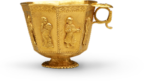 Octagonal cup with musicians and a dancer