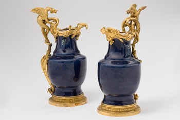Pair of mounted blue jars