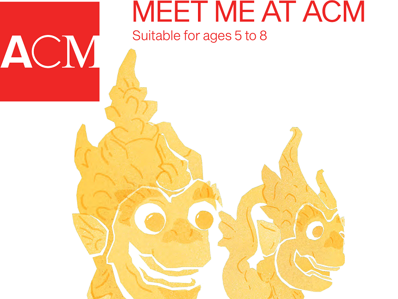 Illustrated image of a Hanuman a monkey god with the words "Meet Me at ACM Suitable for ages 5 to 8" written in red above. There is a red square logo with the words ACM in white.