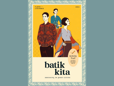 Digital illustration of one man and two women wearing batik clothing, and the words Batik Kita Activity Trail