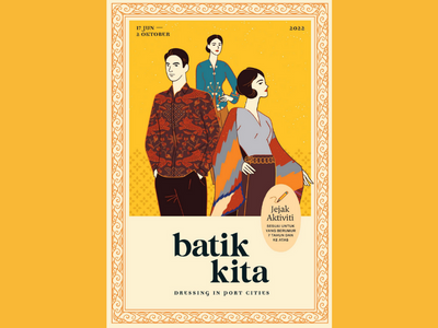 Digital illustration of one man and two women wearing batik clothing, and the words Batik Kita Jejak Activiti