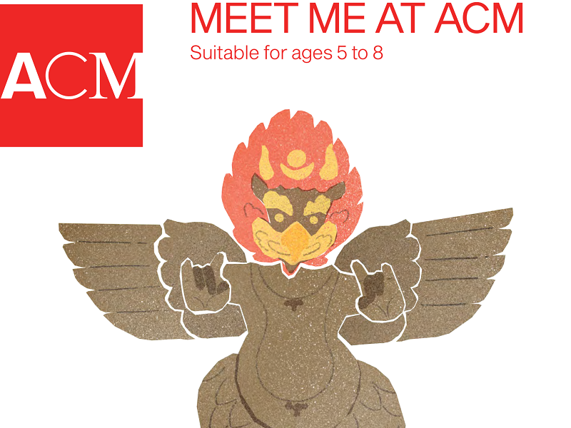 Illustrated image of Garuda with the words "Meet Me at ACM Suitable for ages 5 to 8" written in red above. There is a red square logo with the words ACM in white.