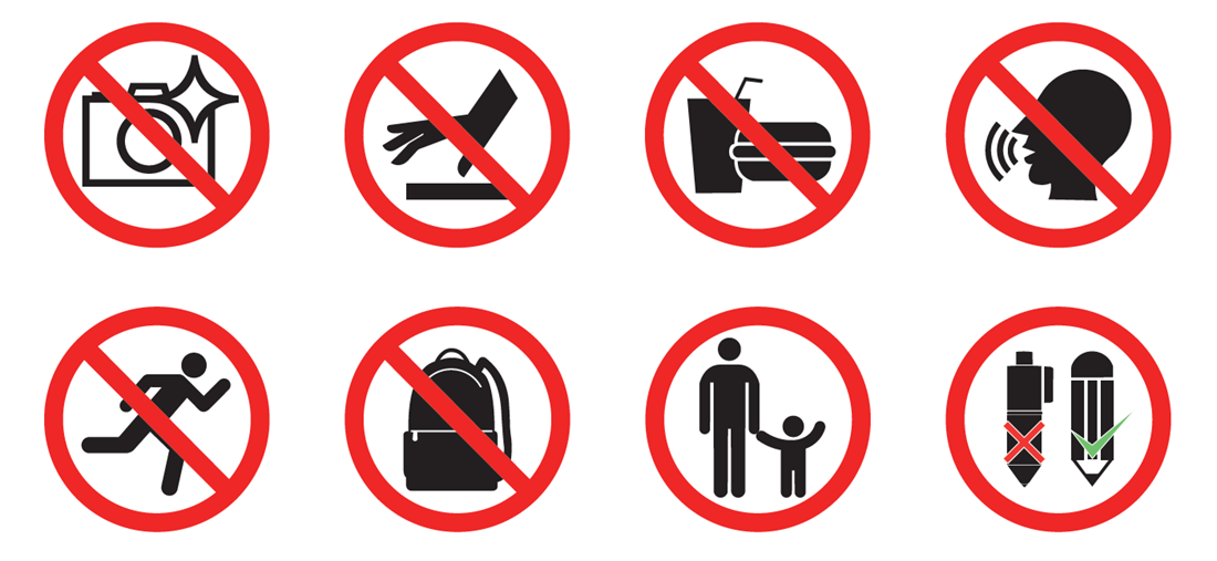 8 signs that represent "No flash photography", "No touching of artefacts", "No food and drinks", "Keep voices low", "Do not run", "No bags in the galleries", "Children must be accompanied by adults at all times", "Only pencils are allowed in galleries and not pens"