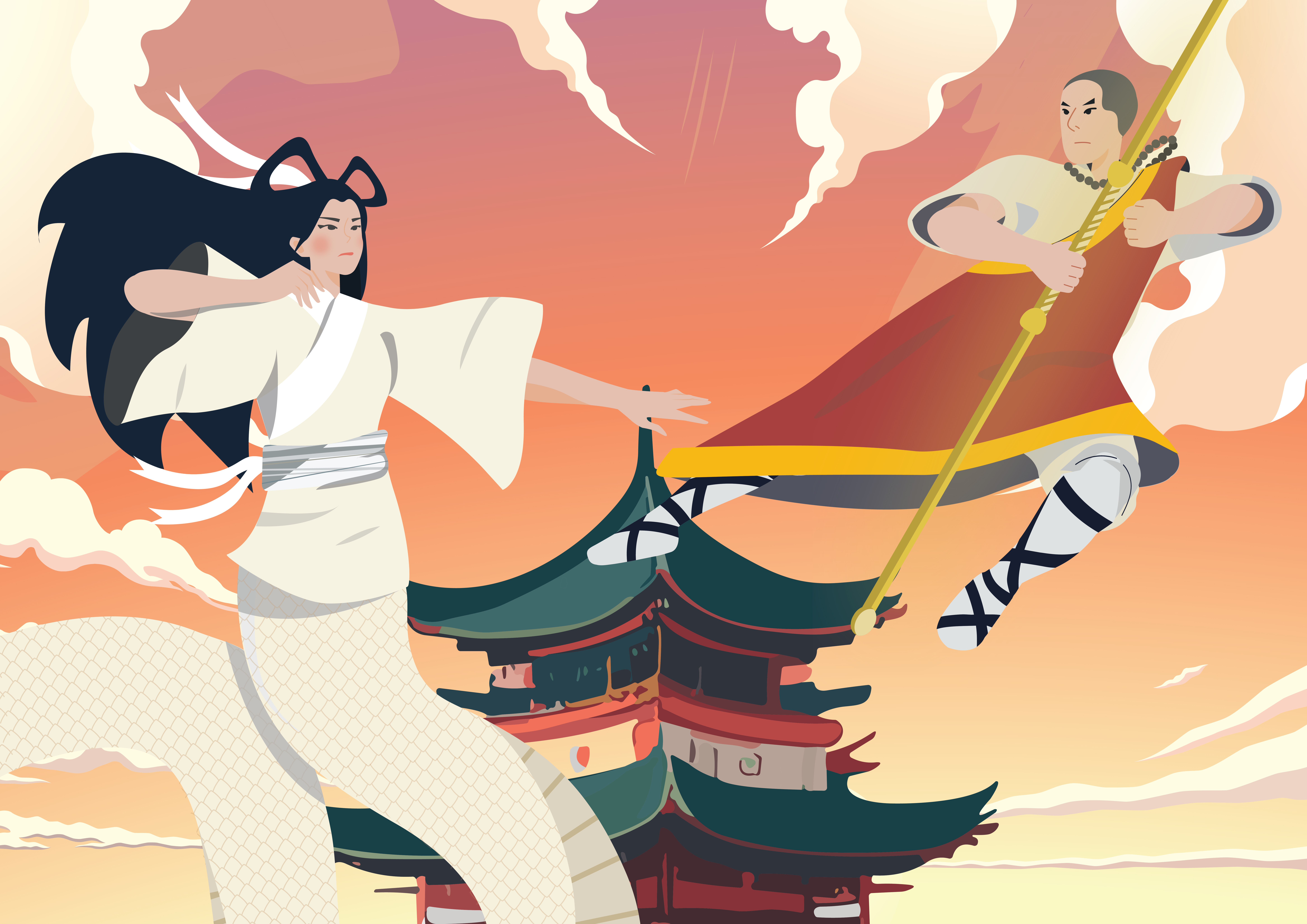 Fahai and Bai Suzhen in a battle, with Leifeng Pagoda in the background