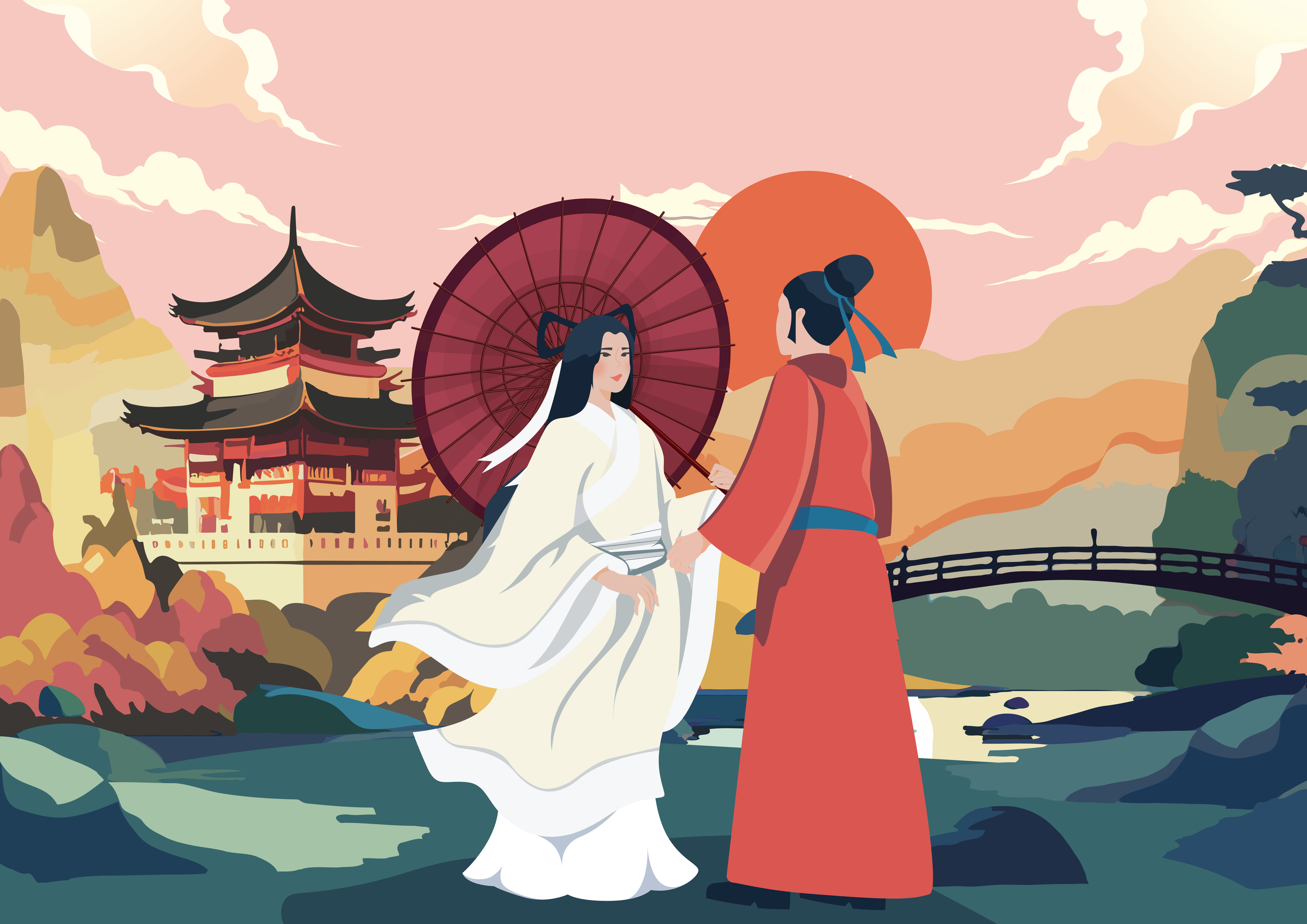 Xu Xian meet Bai Suzhen on bridge in the rain and Xu Xian lends them his umbrella