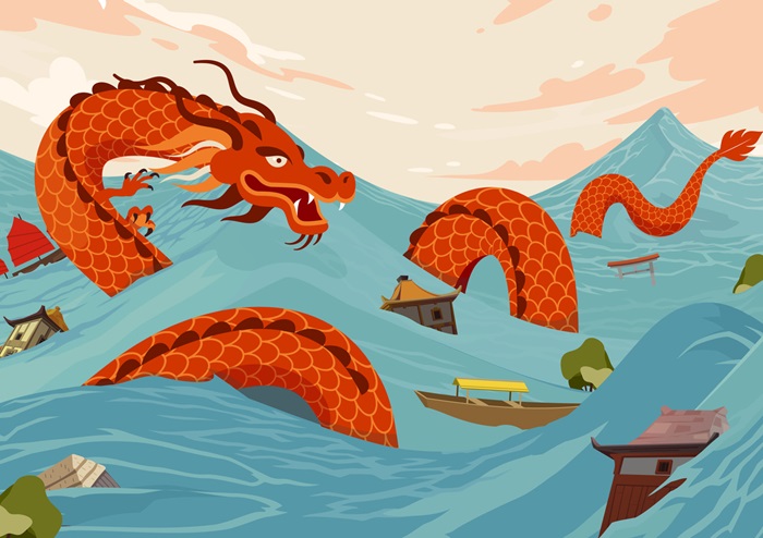 Dragon create huge waves in Qiantang River and cause danger to fishing boats and farmlands